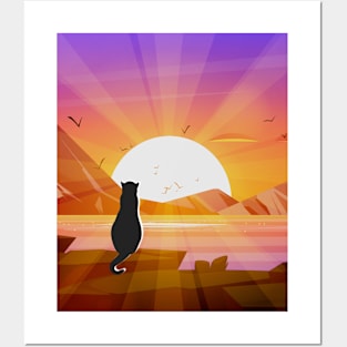 Black Cat Watching The Sunset Posters and Art